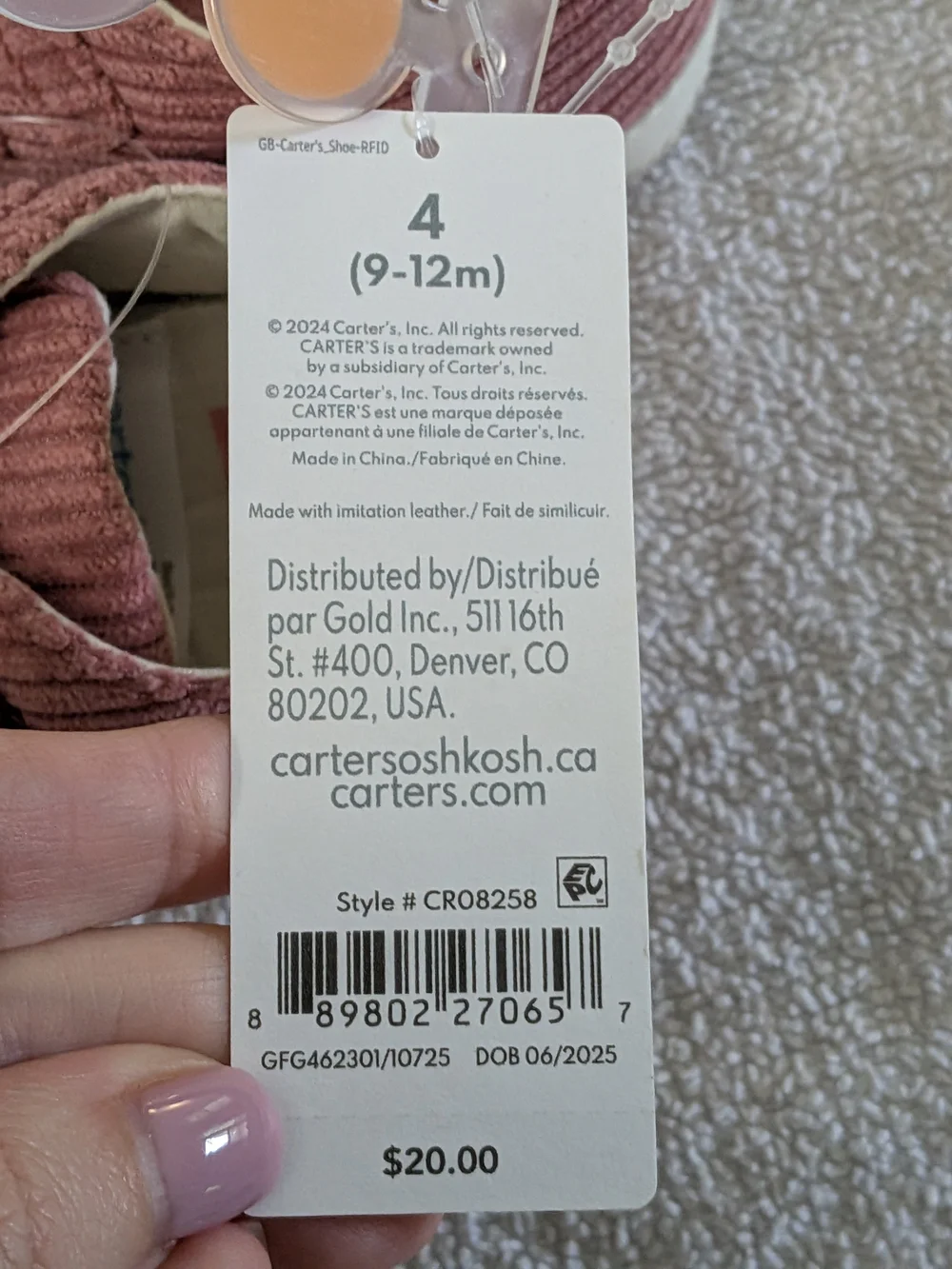 Carter's NWT Pink Corduroy Baby Shoes With Velcro Closure Sz 9-12 Months Cozy